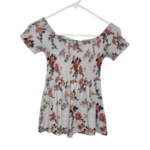 Floral Boho Smocked off Shoulder White & Peach Floral BabyDoll Top Size M